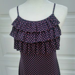 Storm large navy blue ruffled dress with pink dots